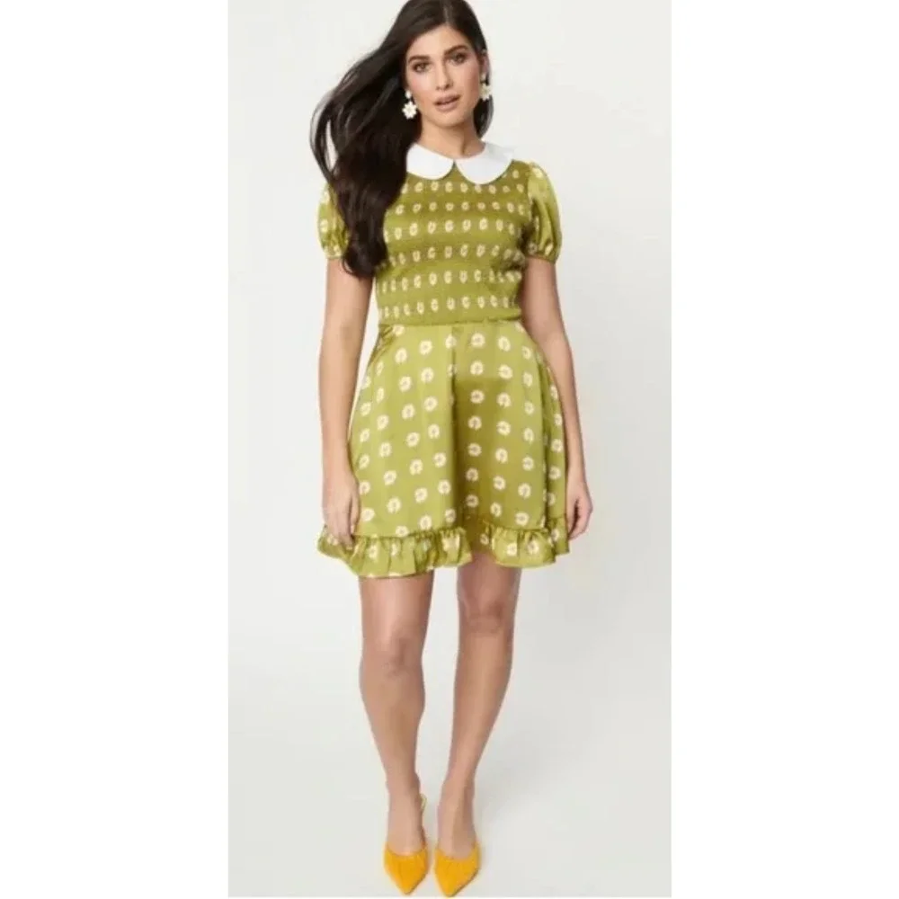 Smak Parlour Womens Green Floral Smocked Short Sleeve Flare Dress Size Medium